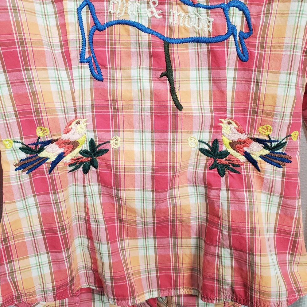 Vigoss M Shirt Girlie Western Pearl Snap Buttons Plaid Embroidered Floral Bird - Picture 12 of 13